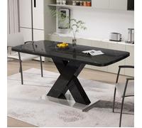 Table à Manger Extensible Rectangulaire Moderne, avec Dessus de Table en Marbre Blanc Imprimé,Base en Métal,120-160x 80x76.5cm,Noir