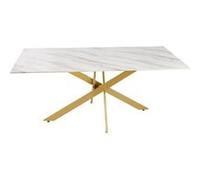 Menzzo Table à manger Naelle en verre effet marbre blanc, pieds dorés 180x90x75 cm – 6 personnes