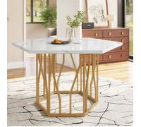 Table à Manger Hexagonale Moderne - Plateau en MDF Marbré & Structure Métal Doré -Style Élégant pour Salon/Salle à Manger