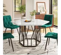 Table à Manger Hexagonale Moderne - Plateau en MDF Marbré & Structure Métal Noir -Style Élégant pour Salon/Salle à Manger