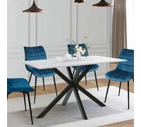 Table à manger rectangle alix 4-6 personnes pied araignée métal noir et plateau effet marbre blanc alaska 110 cm