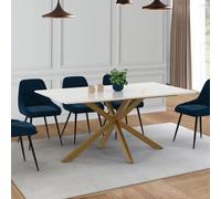 IDMarket Table à manger ALIX 8 pers. pied araignée laiton plateau effet marbre doré ALASKA 160 cm