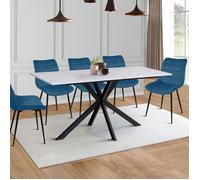 IDMarket – Table à manger Alix 8 pers, pied araignée noir, plateau effet marbre blanc Alaska 160 cm