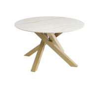 Table à manger ronde 4 personnes en céramique et métal doré - Effet marbre blanc - LENUMIA de