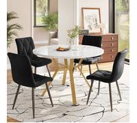 Table à manger ronde - 4 places - Marbre - Métal doré - 5 pièces