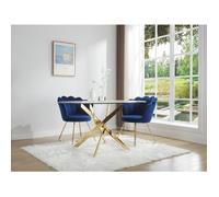 Table à manger ronde 6 personnes en verre trempé et métal doré - Transparent - COSIMA