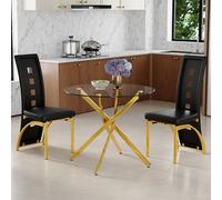 Table à manger ronde avec 2 chaises noires, verre 88 cm, structure dorée | Dossiers géométriques, rembourrage d'assise de 5 cm, coussinets silencieux, pour les petites salles à manger