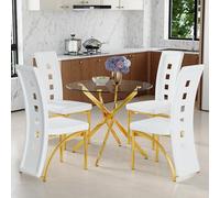 Table à manger ronde avec 4 chaises blanches, verre 88 cm, structure dorée | Dossiers géométriques, rembourrage d'assise de 5 cm, coussinets silencieux, pour les petites salles à manger