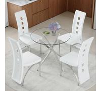 Table à manger ronde avec 4 chaises blanches, verre 88 cm, structure | Dossiers géométriques, rembourrage d'assise de 5 cm, coussinets silencieux, pour les petites salles à manger