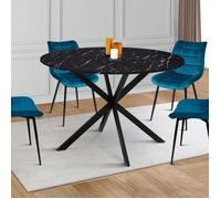 IDMarket Table à manger ronde Alix 4–6 pers pied araignée métal noir plateau effet marbre 110 cm