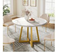 Table à manger ronde - LITTLE TREE - Little Tree - 80×80×75 cm - Blanc et Or - Piètement métal, plateau aspect bois