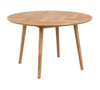 Table à manger ronde Nalini, fabriquée en chêne massif. Diamètre de 120 cm.