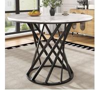 Table à manger seule-Table à manger ronde-pour 4-6 personnes-pieds en métal, plateau en MDF marbré, 80x80x76cm,Noir+ Blanc