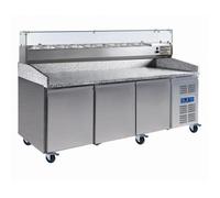 Table à pizza réfrigérée 3 portes avec vitrinette - PESAGE MB - 2020 mm - Plan granit - 580 L - 9 GN 1/3