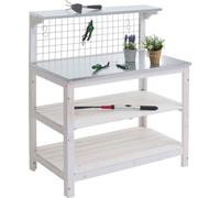 Table à plantes HWC-N55, table de jardinier table à fleurs étagère à plantes, bois FSC®-certifié plaque galvanisée, 117x102x56cm ~ blanc