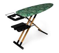 Table à Repasser GoldWoodVIP- 130x47 cm XXL, Bois Naturel et Aluminium, Hauteur Réglable 98 cm, Stable, Légère et Résistante, Roulettes, Support Centrale Vapeur et Plateau à Linge, Fabriquée en Europe