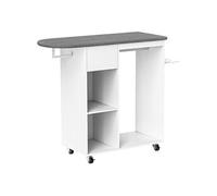 Table à repasser sur roulettes - 2 tringles, 2 niches, tiroir, support fer - toile planche incluse blanc gris