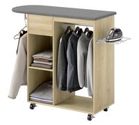 Table à repasser sur roulettes - 2 tringles, 2 niches, tiroir, support fer - toile planche incluse effet bois clair gris