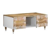 Table basse 100 x 54 x 40 cm en bois massif manguier, naturel avec sérigraphie, table de salon avec espace de rangement, table d'appoint pour la maison