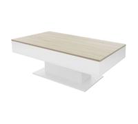 Table basse 110x60x40 cm blanc/imitation chêne en panneau de particules avec 2 compartiments de rangement sous le plateau coulissant