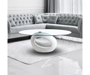 Table basse 115x65 cm avec plateau ovale en verre et cadre blanc brillant - Miranda