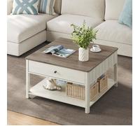 Table Basse 2 Grands Tiroirs avec Pieds Style Bord de Mer 80 x 80 x 45 cm pour Salon Grège Chiné et Blanc Nuage