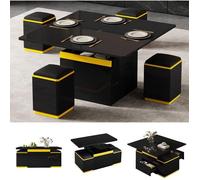 Table Basse 2 Plateau Relevable - 2 Tiroirs et 4 Tabouret - Compartiments Cachés - 3 en 1 Table de Salon - Jaune/Noir -100x50x43cm