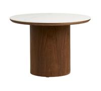 Table basse Ø60cm plateau en céramique aspect marbre pied placage frêne teinté - NELLY