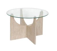 Table basse Ø70cm plateau verre et piétement en MDF aspect travertin - VERTINA -