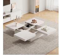 Table basse 90x90, plateau effet marbre blanc table basse salon, 4 tiroirs de rangement, plateau coulissant, charge utile 30 kg