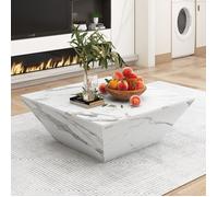 Table basse à haute brillance de tambour moderne, Table basse trapézoïdale de placage de marbre blanc, 70 x 70 x 37cm
