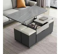 Table basse à plateau relevable, design multifonction 3 en 1, se transforme en table de salle à manger, comprend 4 tabourets de rangement et une roue universelle pivotante