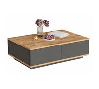 Table basse - ACTUAL DIFFUSION - L90xP60xH28.6 cm - 2 portes abattantes - 2 niches - Imitation chêne & gris
