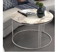 [en.casa] Table Basse Ronde Table de Nuit de Chevet Stylée Panneau de Particules Métal 50 x 70 cm Marbre Blanc Argent
