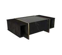Table basse avec 1 porte et 2 niches - Effet marbre noir, naturel foncé et doré - CADEBA II