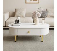 Table basse avec 2 tiroirs, coins arrondis, poignées et pieds dorés, 108x50x40 cm, Blanc