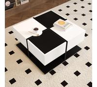 Table basse avec 2 tiroirs, table de salon carrée avec rangement, 70x70x35,5 cm, Noir+Blanc