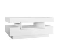 Table basse avec bande LED intégrée, 4 tiroirs avant et arrière, plateau relevable, Blanc