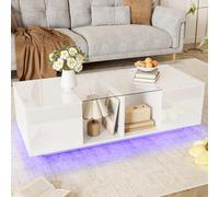 Table basse avec éclairage LED, espace de rangement généreux, 120x50x38,5 cm, Blanc