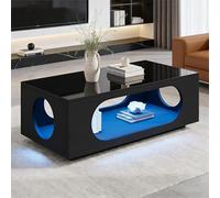 Table basse avec LED et contrôle par application - Noir - Table basse brillante avec grand espace de rangement et gestion des câbles - Table d'appoint pour salon, table basse moderne - E-Sport et