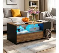 Table basse avec Lumières LED, Grand Tiroir, Panier pour Chat, 2 Niveaux de Rangement, Télécommande, Noir