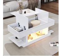 Table basse avec plateau élévateur, Réglable en hauteur, Table basse LED avec 2 armoires pliantes, Table basse rectangulaire, Blanc