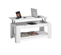 Table Basse avec Plateau relevable et Espace de Rangement et étagère inférieure, Couleur Blanc Mat, Dimensions 102 x 43 x 50 cm (la Hauteur Peut être relevée de 43 à 54 cm)