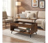 Table Basse avec Plateau Relevable, Vérin à Gaz, Rangement Ouvert, pour Bureau ou Salle à Manger, Marron Rustique et Noir d'encre