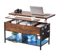 VEVOR Table basse avec plateau relevable, 1000 mm, table basse de salon rectangulaire avec poche de rangement supplémentaire, table basse rabattable avec multiprise, USB, éclairage d'ambiance, marron