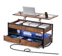 VEVOR Table basse avec plateau relevable, 1000 mm, table basse de salon rectangulaire avec poche de rangement supplémentaire, table basse escamotable avec multiprise, USB, éclairage d'ambiance, marron