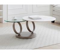 Table basse avec plateaux pivotants en céramique, verre trempé et métal taupe - Effet marbre blanc - JOLINE de Maison Céphy