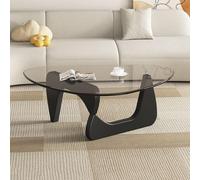 Table basse, base en bois massif avec plateau en verre transparent triangulaire, table de salle à manger élégante pour le salon