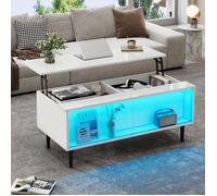 Table basse blanc avec rangement caché - Plateau relevable - Table basse de salon avec lampe LED - Rangement et vitrine en verre
