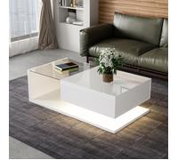 Table basse blanc brillant avec effet LED et finition verre - Design moderne pour salon